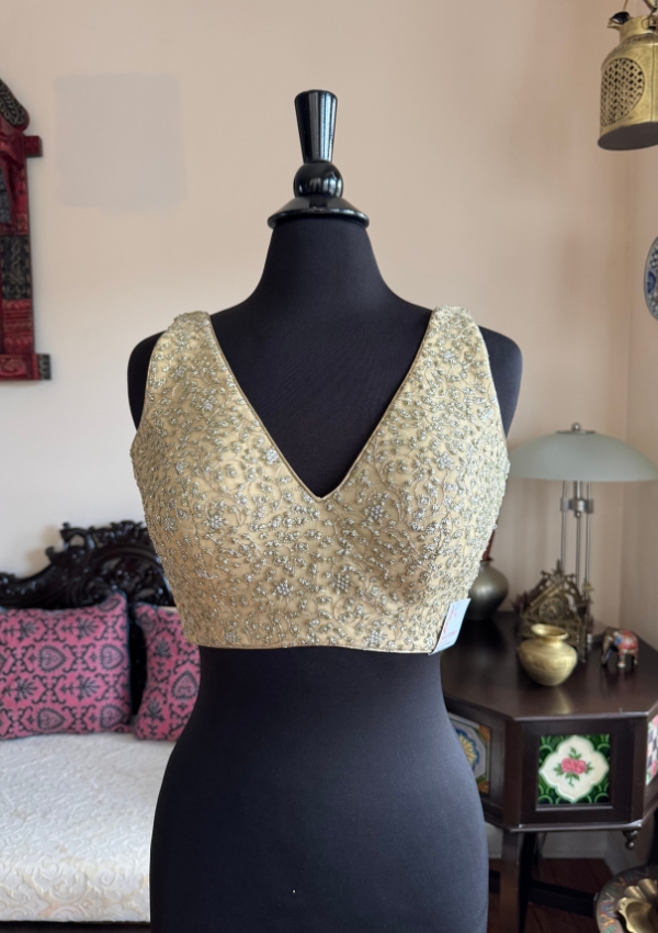 Beige Embroidered V-Neck Party Blouse